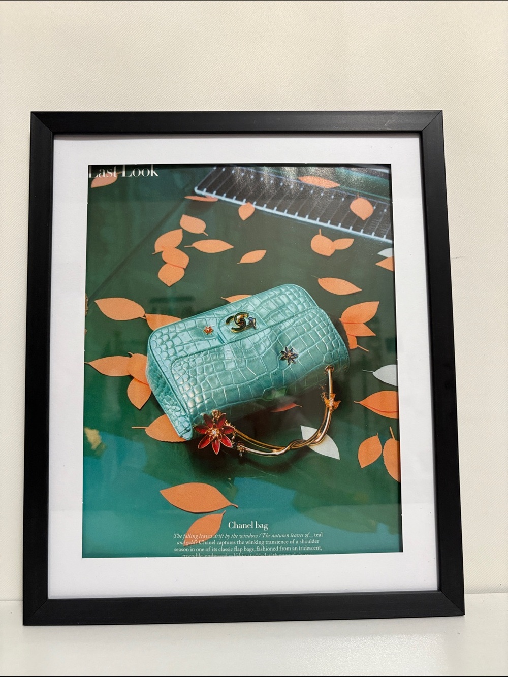 Framed Print of CHANEL Turquoise Croc-Embossed Mini Bag with Gold Floral Handle